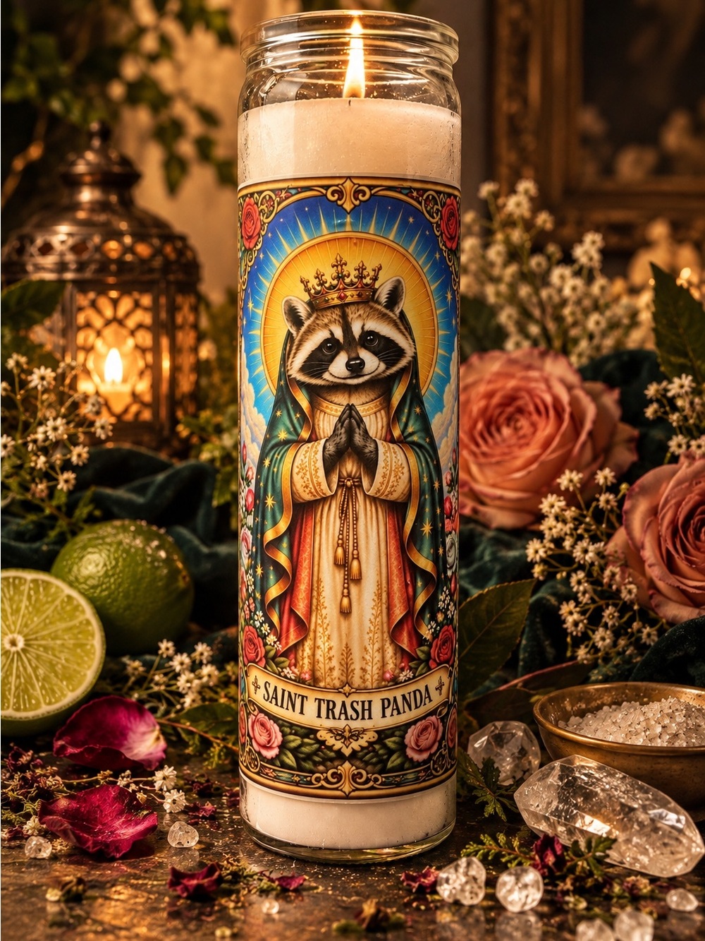 Saint Trash Panda Raccoon Prayer Candle 🦝 Funny Unscented Novelty Candle